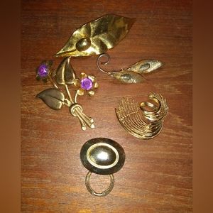 Vintage Five Gold Toned Brooches, Leaf, Charm Holder, Gold & Purple Enam…